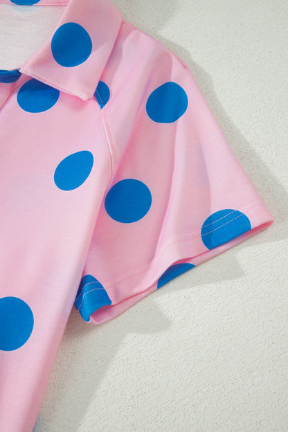 Beige Polka Dot Print V Neck Tee Short Set
