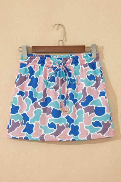 Khaki Abstract Camo Elastic Waist Drawstring Mini Skort