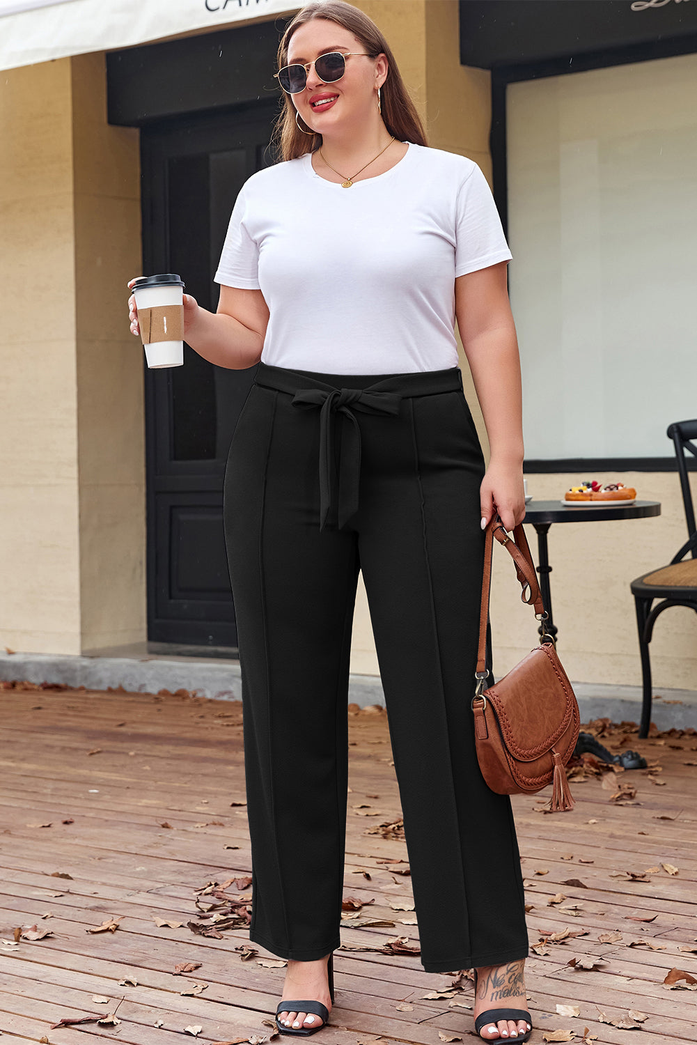 Black Plus Size Knot Waist Textured Shift Pants