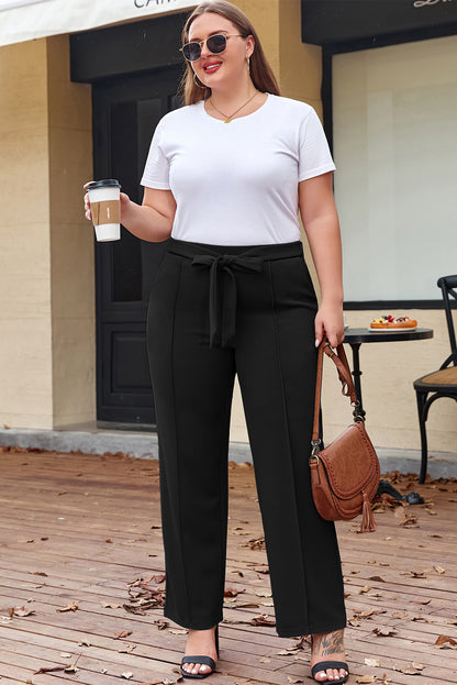 Black Plus Size Knot Waist Textured Shift Pants