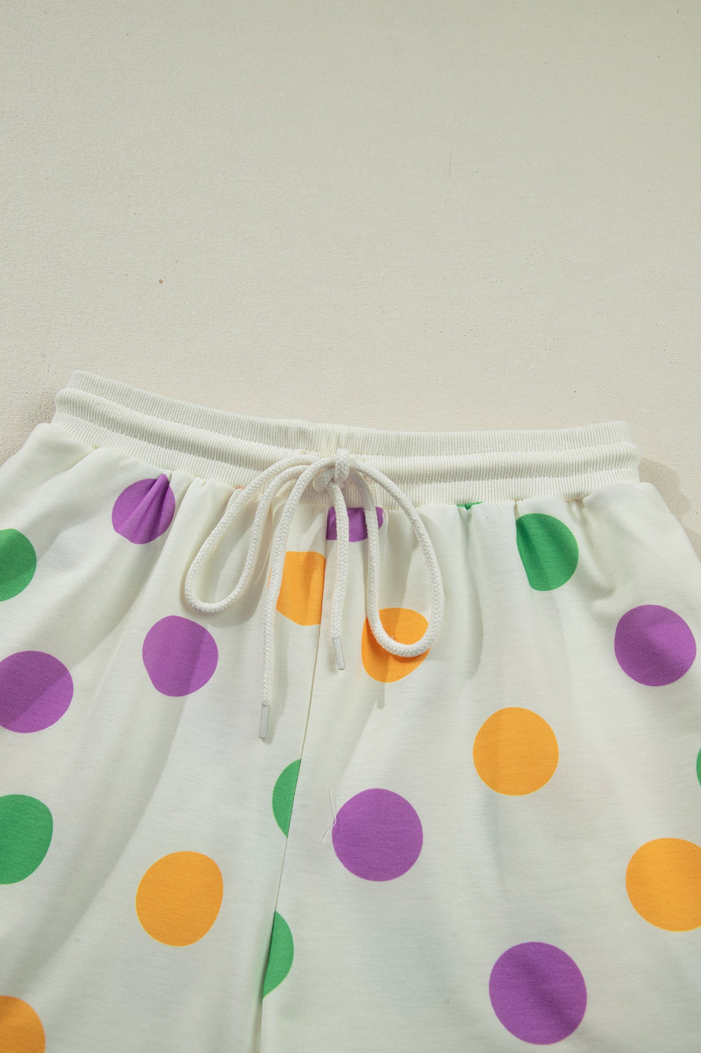 Pink Polka Dot Print Drop Shoulder Pullover Drawstring Shorts Set
