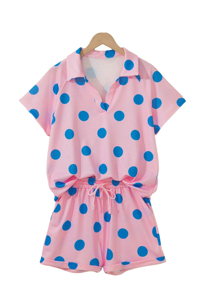 Beige Polka Dot Print V Neck Tee Short Set
