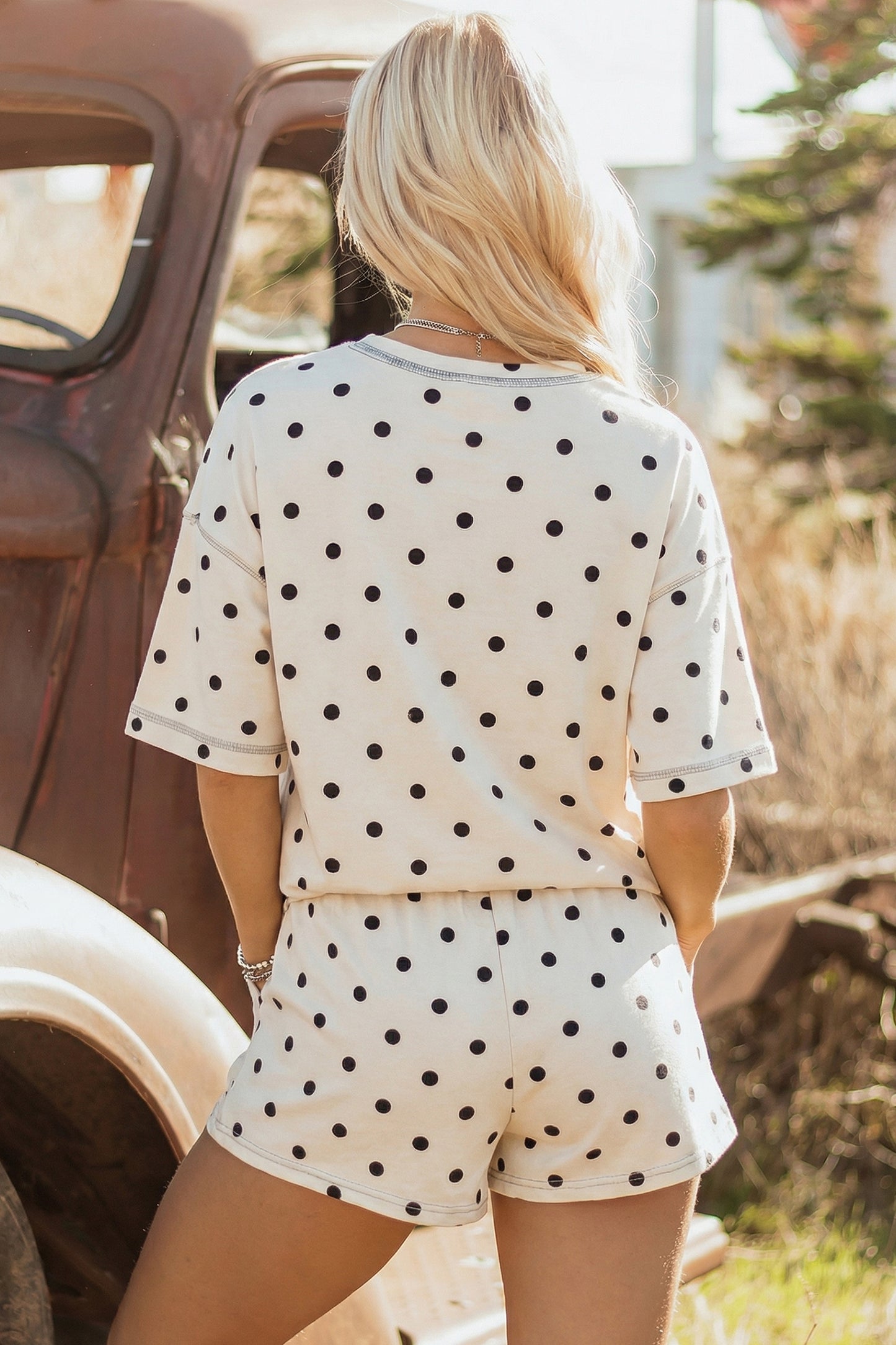 Black Exposed Seam Detail Polka Dot Loose Tee Drawstring Shorts Set