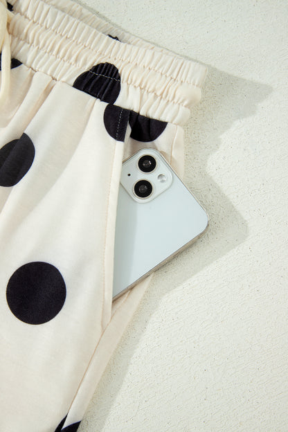 Beige Polka Dot Print V Neck Tee Short Set