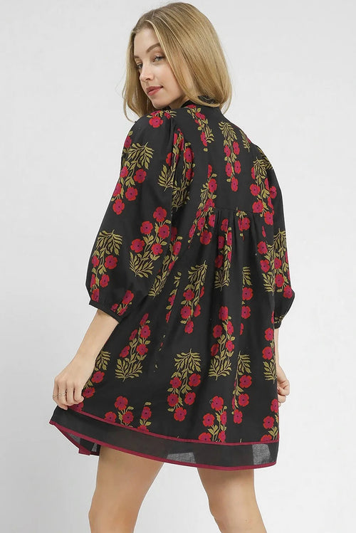 Black Floral Print Notched Neck Piping Trim Bracelet Sleeve Baby doll Dress