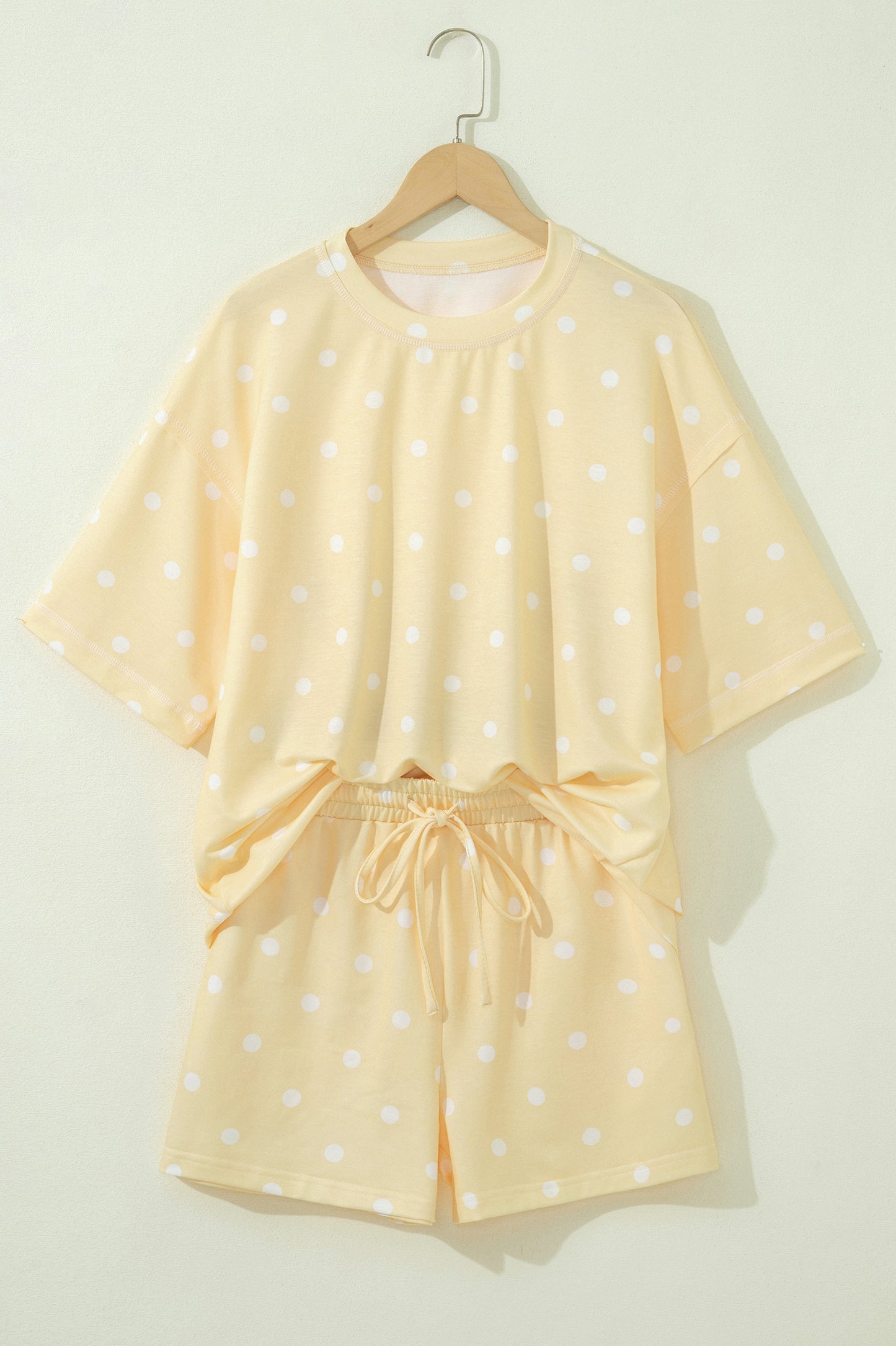 Black Exposed Seam Detail Polka Dot Loose Tee Drawstring Shorts Set