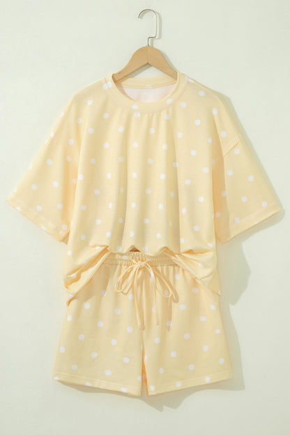 Black Exposed Seam Detail Polka Dot Loose Tee Drawstring Shorts Set