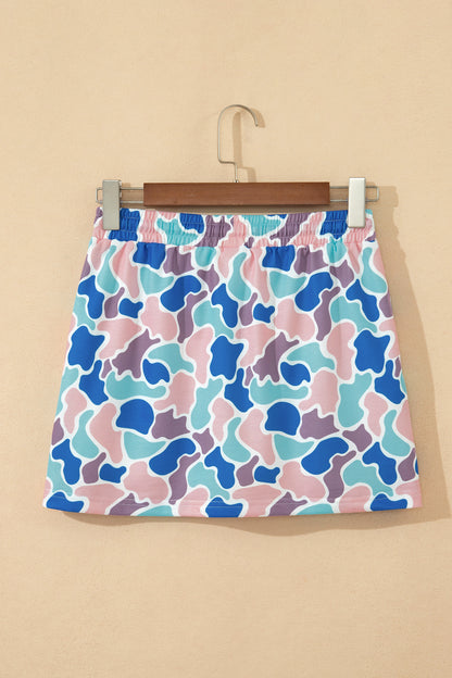 Khaki Abstract Camo Elastic Waist Drawstring Mini Skort