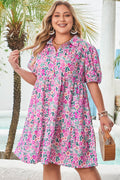 Pink Plus Size Floral Half Button Short Puff Sleeve A-line Dress