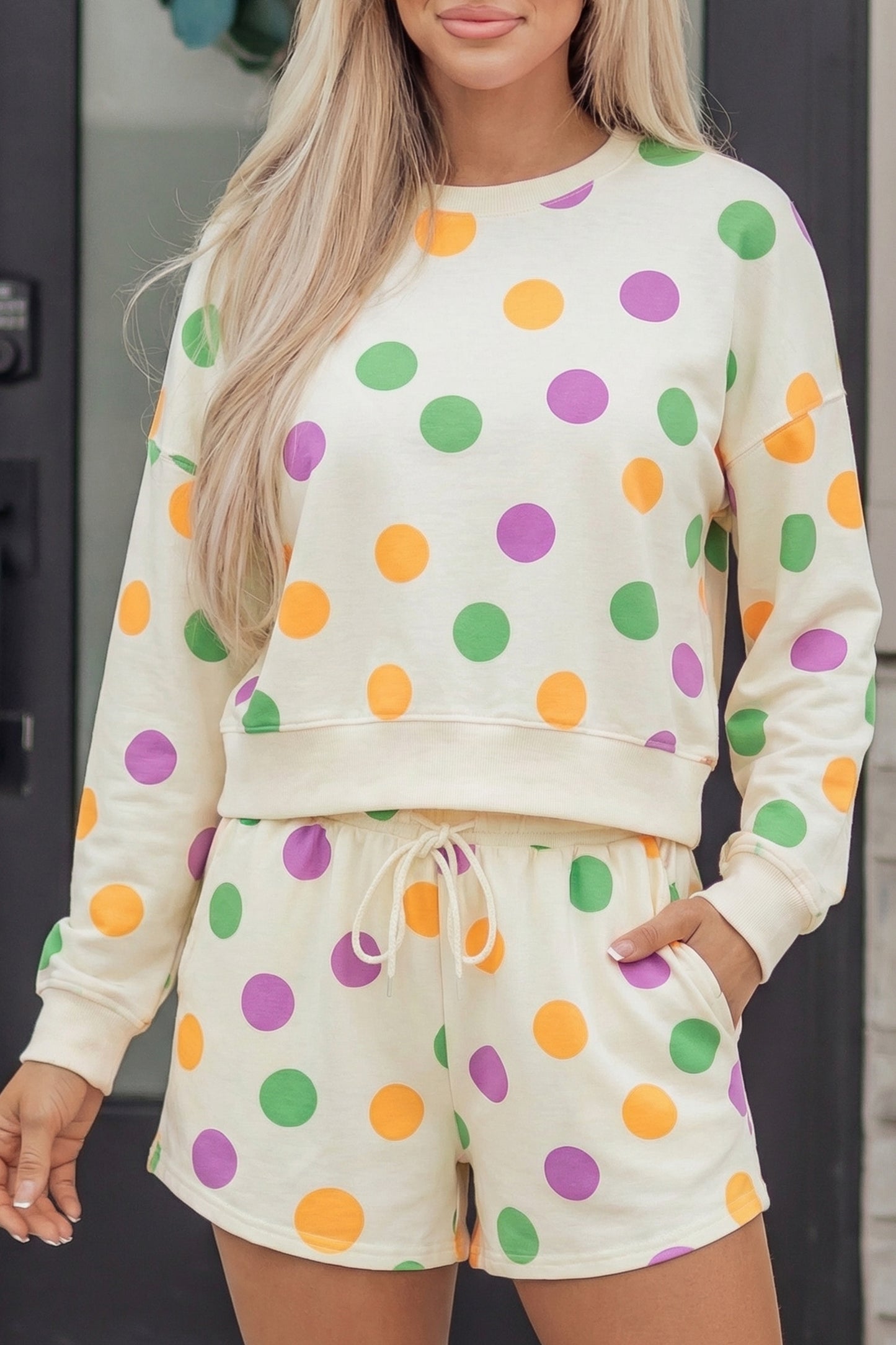 Pink Polka Dot Print Drop Shoulder Pullover Drawstring Shorts Set
