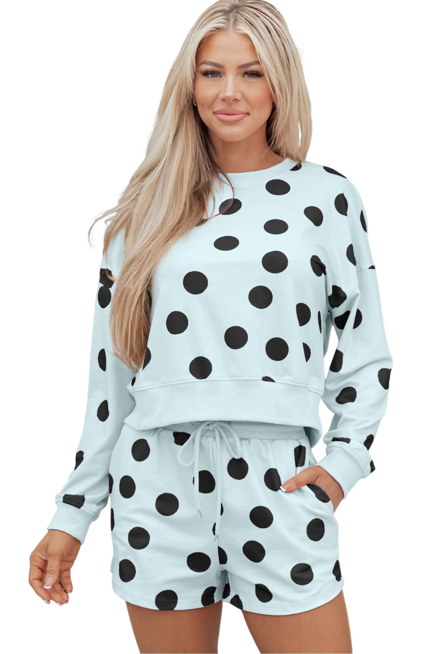 Pink Polka Dot Print Drop Shoulder Pullover Drawstring Shorts Set