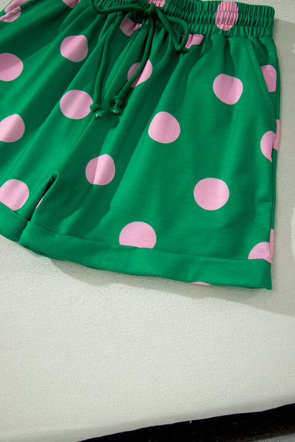 Beige Polka Dot Print V Neck Tee Short Set